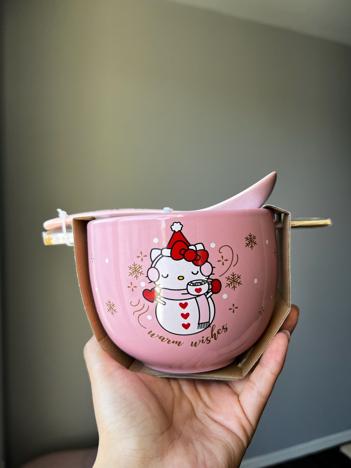 Bowl Con Palillos Y Palillos Hello Kitty  Snowman Pink